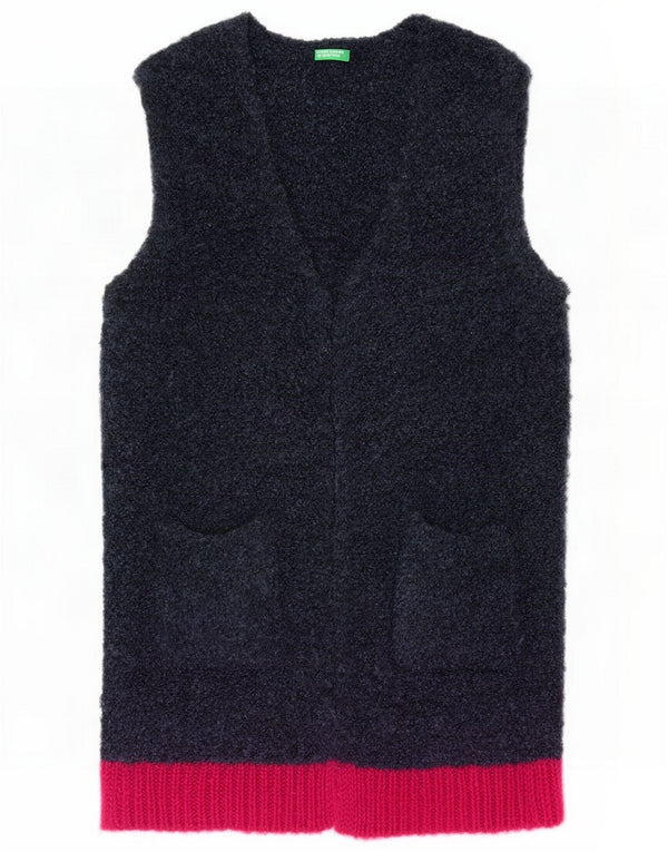 Benetton Maglione cardigan senza maniche a linea lunga da donna UK 14 Blu navy medio