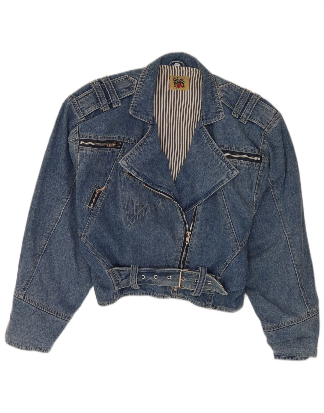 Giacca da motociclista in denim corto da donna vintage UK 12 Cotone blu medio
