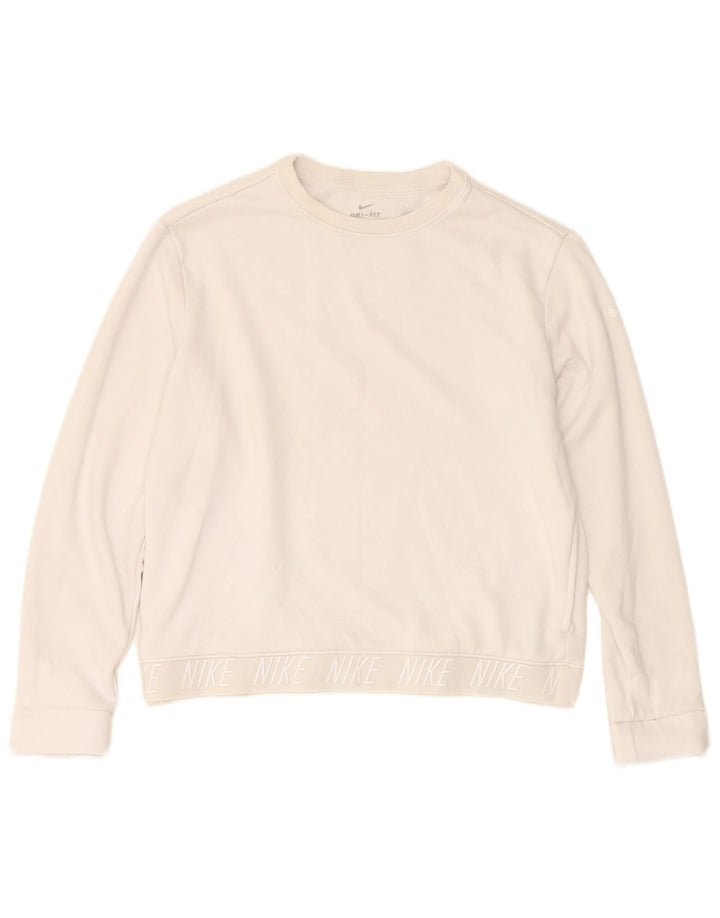 Felpa con grafica Nike da donna, maglione UK 14, poliestere bianco medio