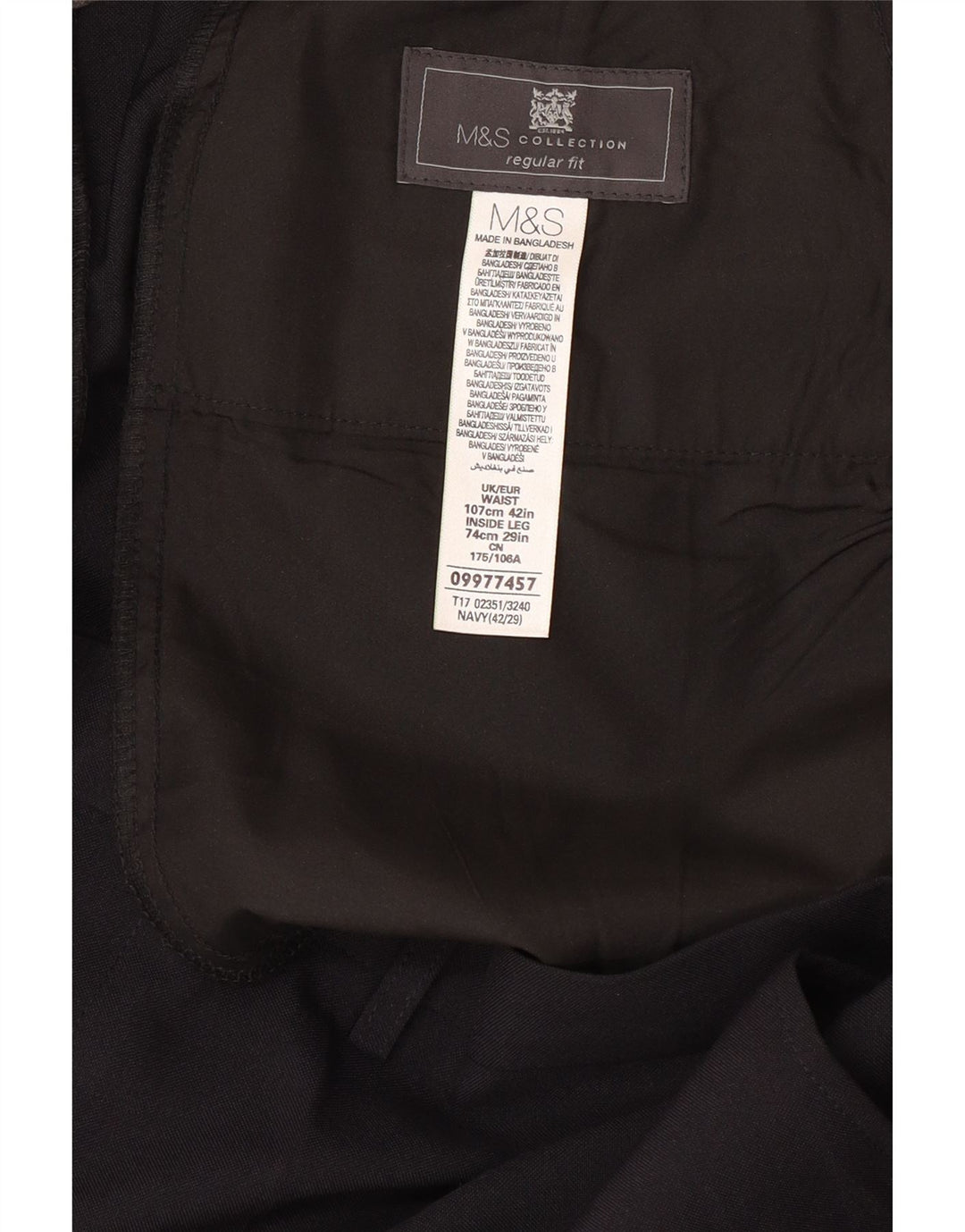 MARKS & SPENCER Pantaloni da abito vestibilità regolare da uomo W42 L29 Poliestere blu navy