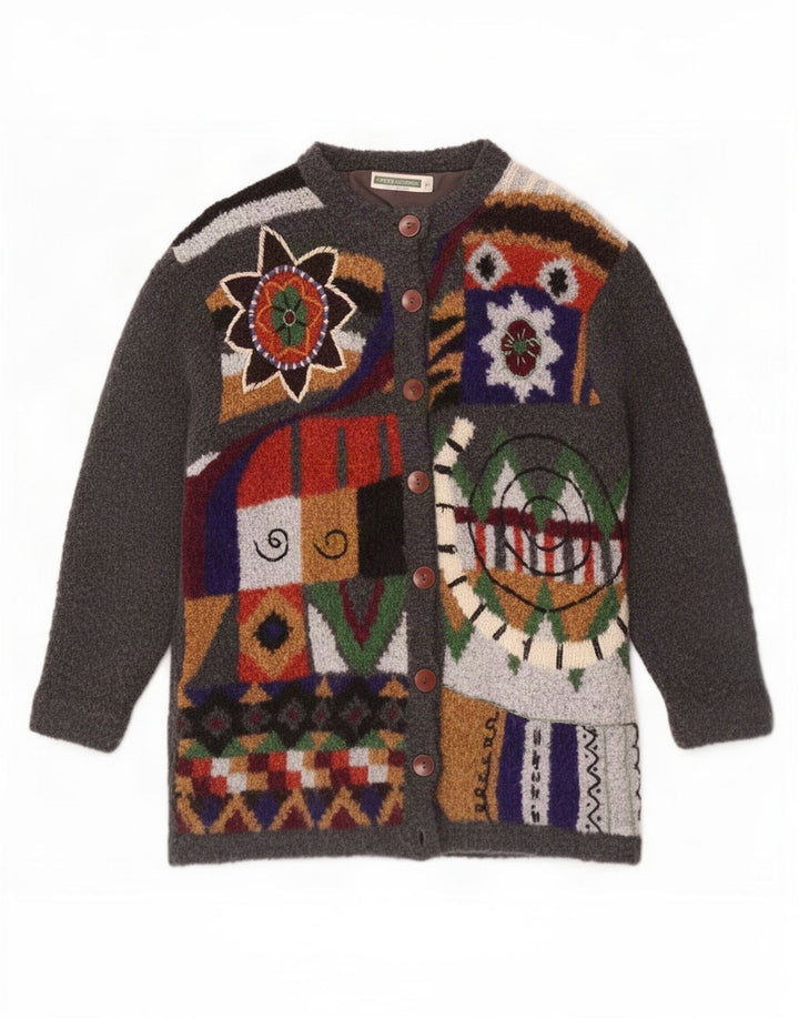 Maglione cardigan lungo da donna vintage UK 14 Patchwork grigio medio