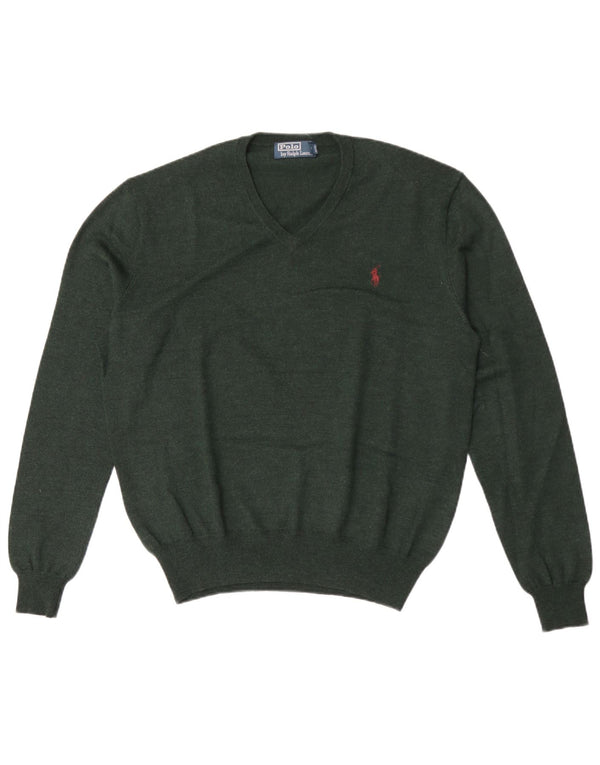 Polo Ralph Lauren Mens V-Neck Jumper Sweater Medium Green Merino Wool