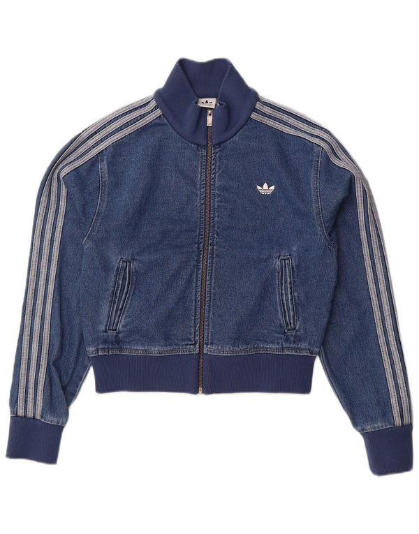 Giacca di jeans corta Adidas da donna vestibilità ampia UK 8/10 piccolo cotone blu