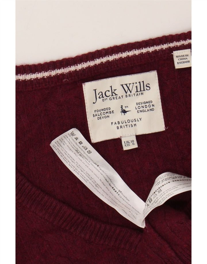 JACK WILLS Maglione corto da donna con scollo a V UK 10 Piccolo cotone bordeaux
