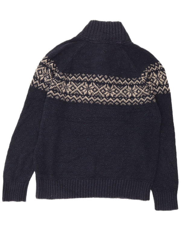 Fat Face Mens Button Neck Jumper Sweater Large Navy Blue Fair Isle Cotton