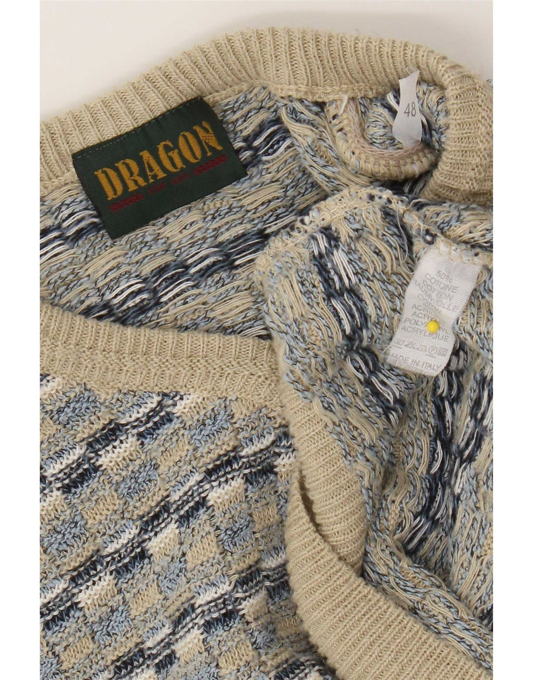 Maglione vintage da uomo con scollo a V IT 48 Cotone geometrico beige medio