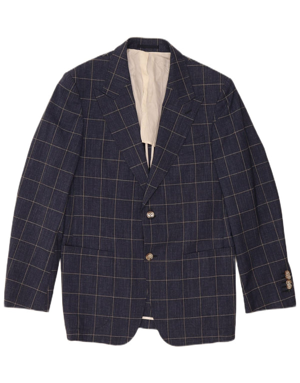 Giacca blazer vintage da uomo a 2 bottoni UK 40 grande lana a quadri blu navy