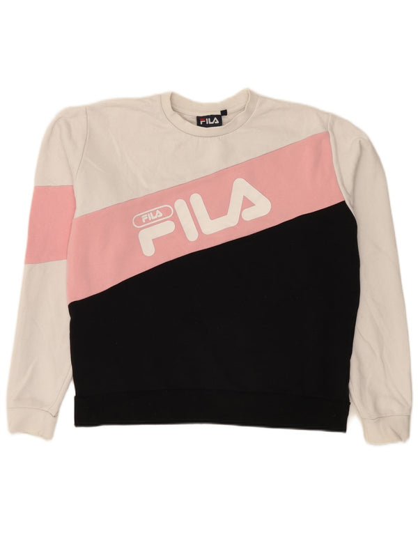 Fila Womens Graphic Sweatshirt Jumper UK 14 Medium White Colourblock Cotton