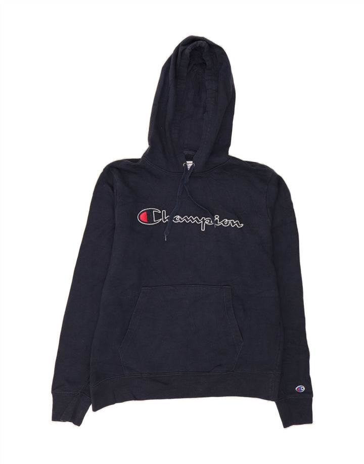 CHAMPION Mens Graphic Hoodie Jumper Medium Navy Blue Cotton Vintage Champion and Second-Hand Champion from Messina Hembry 