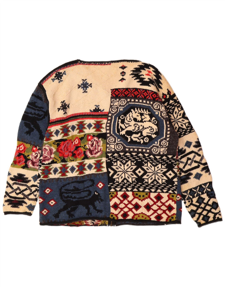 Maglione cardigan grafico da donna vintage UK 10 piccolo bohémien multicolore