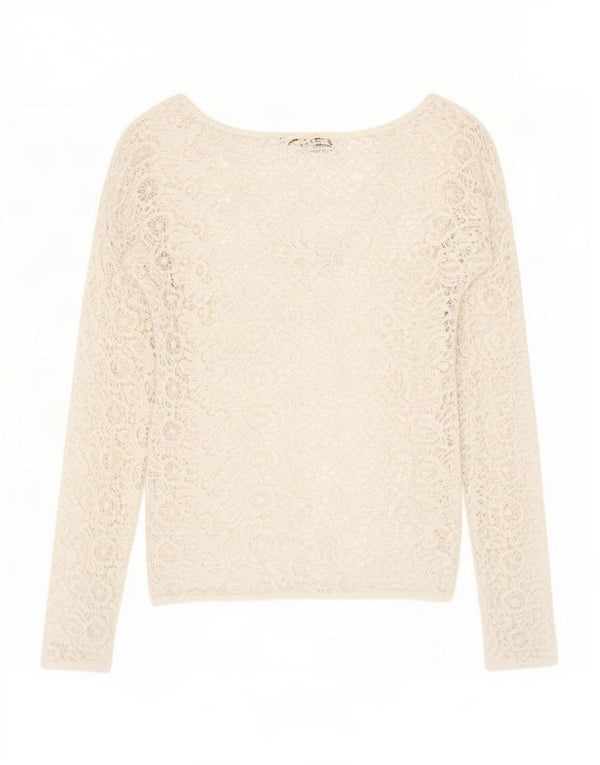 Camicetta trasparente a maniche lunghe da donna vintage UK 12 floreale bianco medio