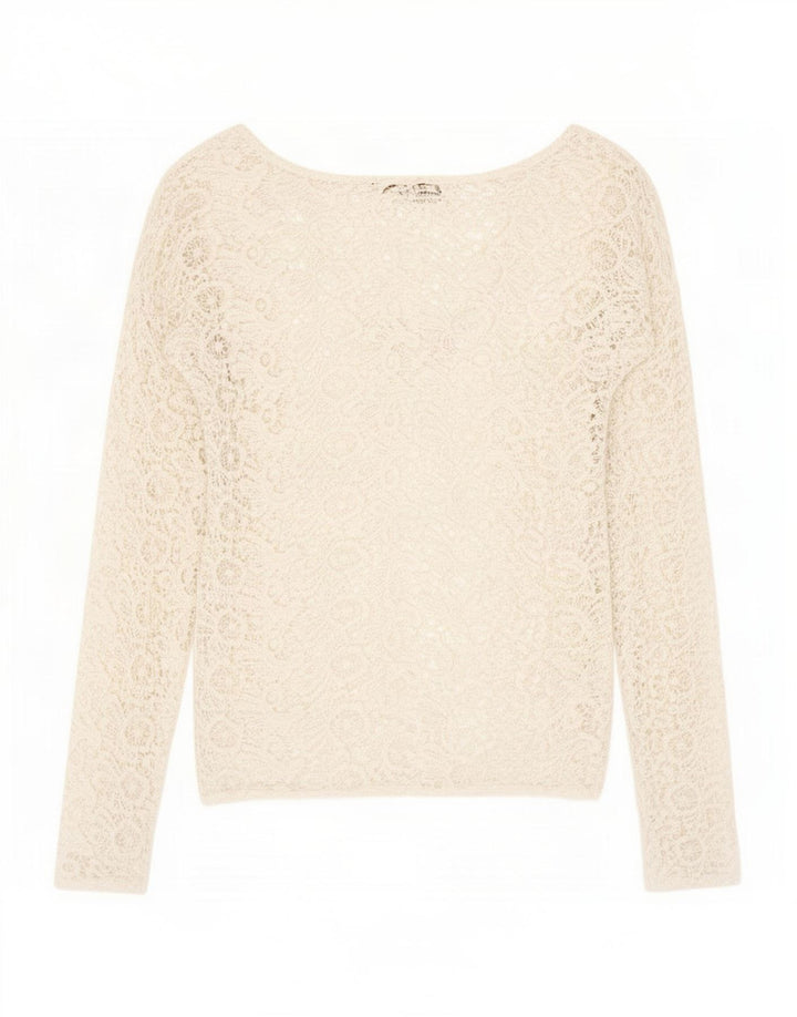 Camicetta trasparente a maniche lunghe da donna vintage UK 12 floreale bianco medio