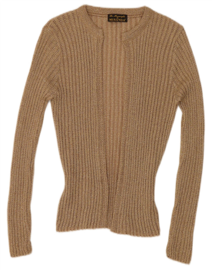 Maglione cardigan aperto da donna vintage UK 12 Beige medio screziato