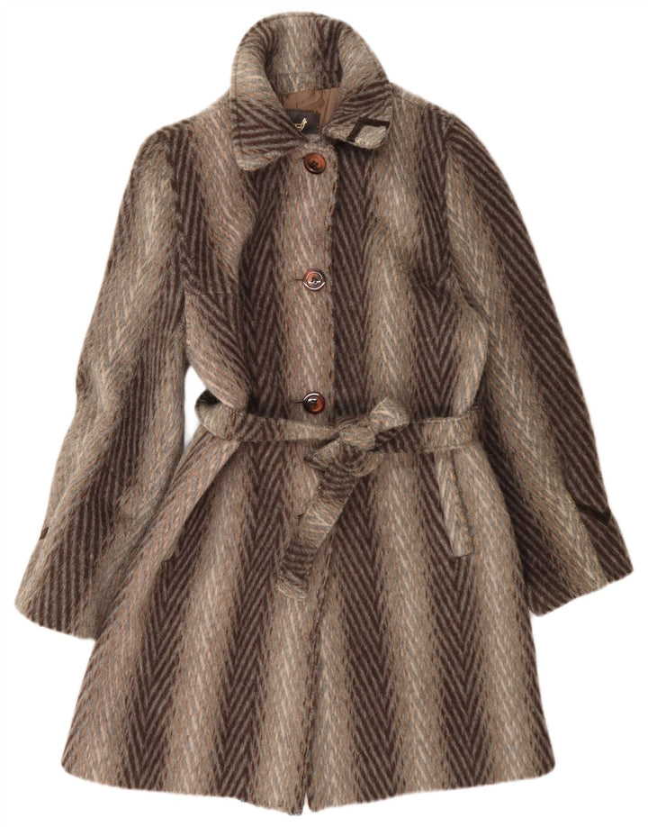 Soprabito vintage da donna UK 10 piccolo classico in lana a righe marroni