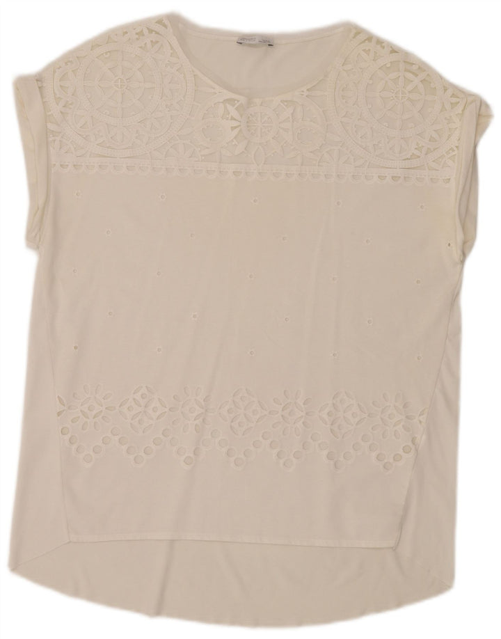 Top Blusa Donna Zara UK 14 Medio Bianco Floreale