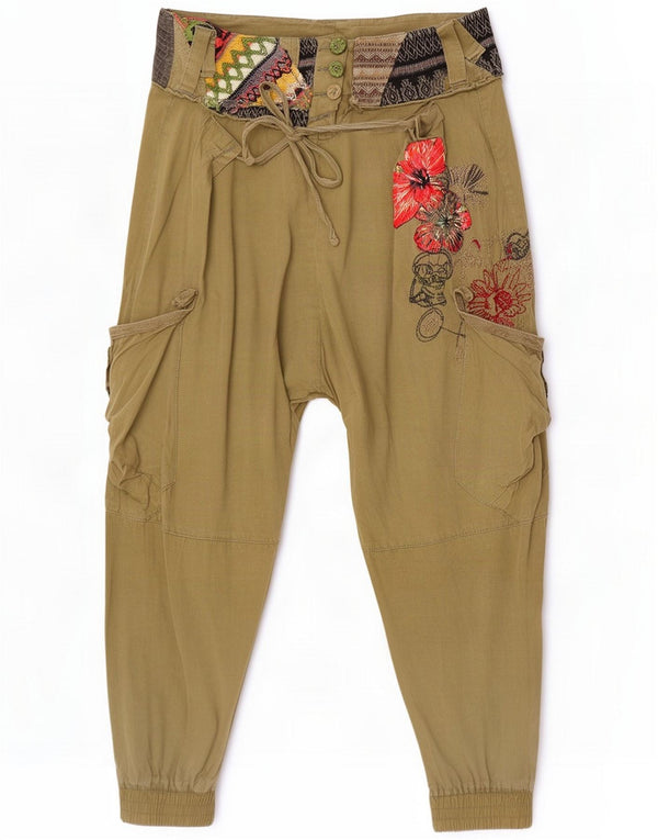 Desigual Womens Graphic Harem Trousers W26 L24 Khaki Floral Cotton