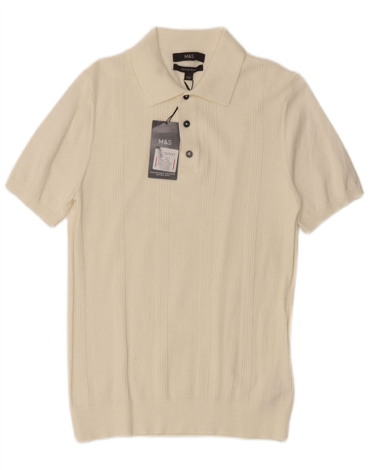 Maglione da uomo Marks & Spencer a maniche corte con collo a polo piccolo bianco sporco