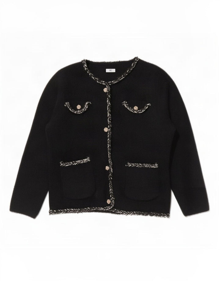 Maglione cardigan da donna vintage UK 12 medio nero in poliammide