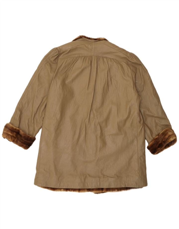 Cappotto vintage in pelle con pelliccia da donna UK 16 grande beige