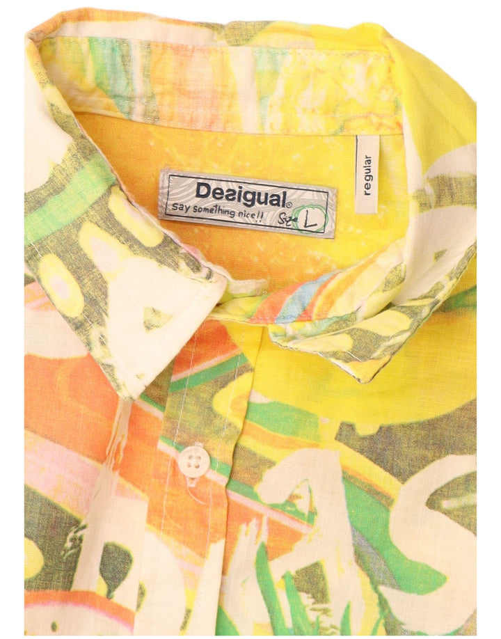 Desigual Camicia da uomo a maniche corte con motivo astratto, grande, in cotone giallo