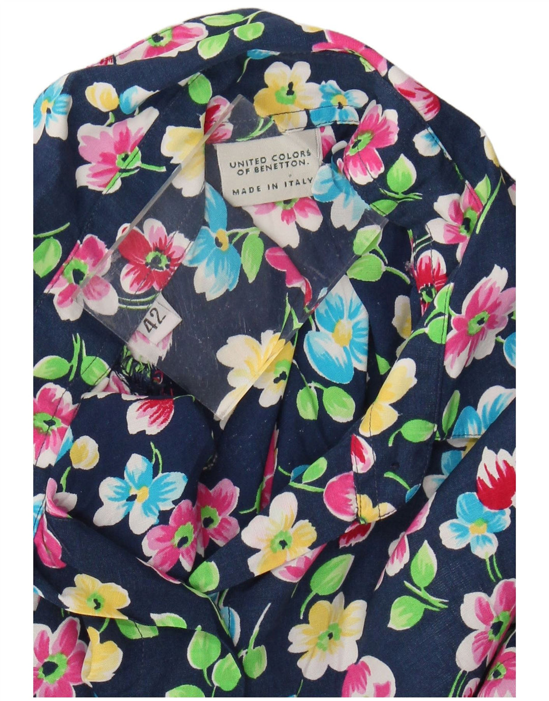 Camicia Donna Manica Corta BENETTON IT 42 Viscosa Floreale Blu Navy Medio