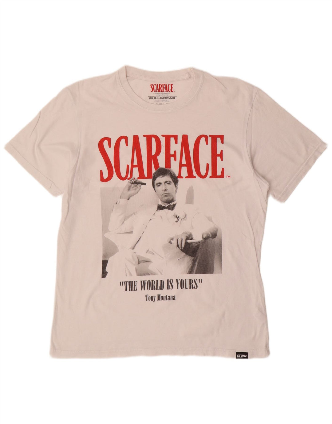 PULL & BEAR T-shirt con grafica Scarface da uomo, grande, in cotone bianco