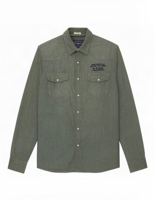 PEPE Jeans Mens Graphic Denim Shirt Large Green Cotton