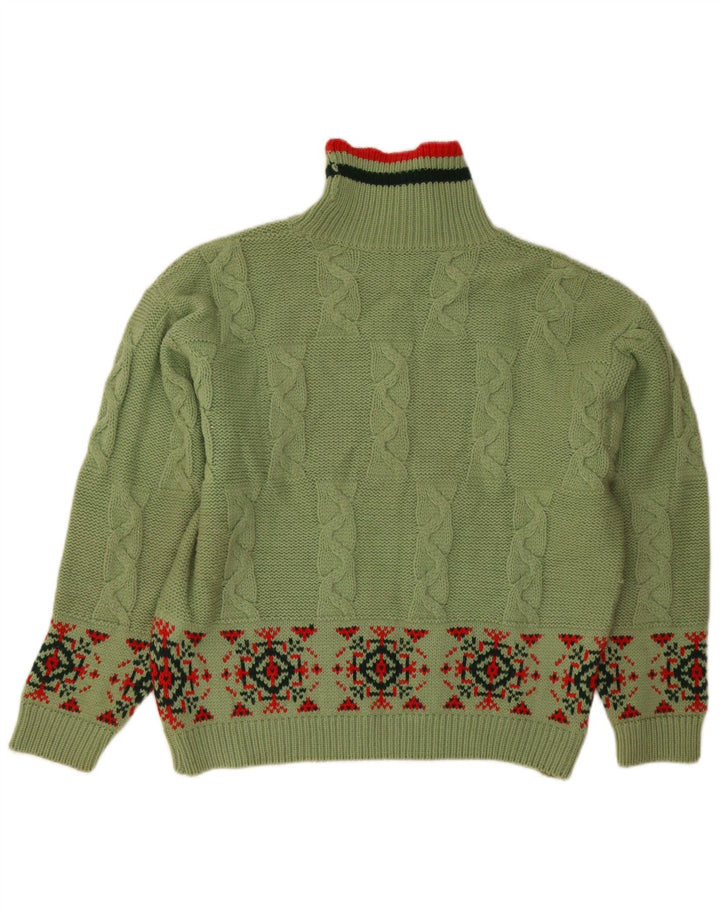 Maglione maglione collo alto da donna vintage UK 14 Verde medio geometrico