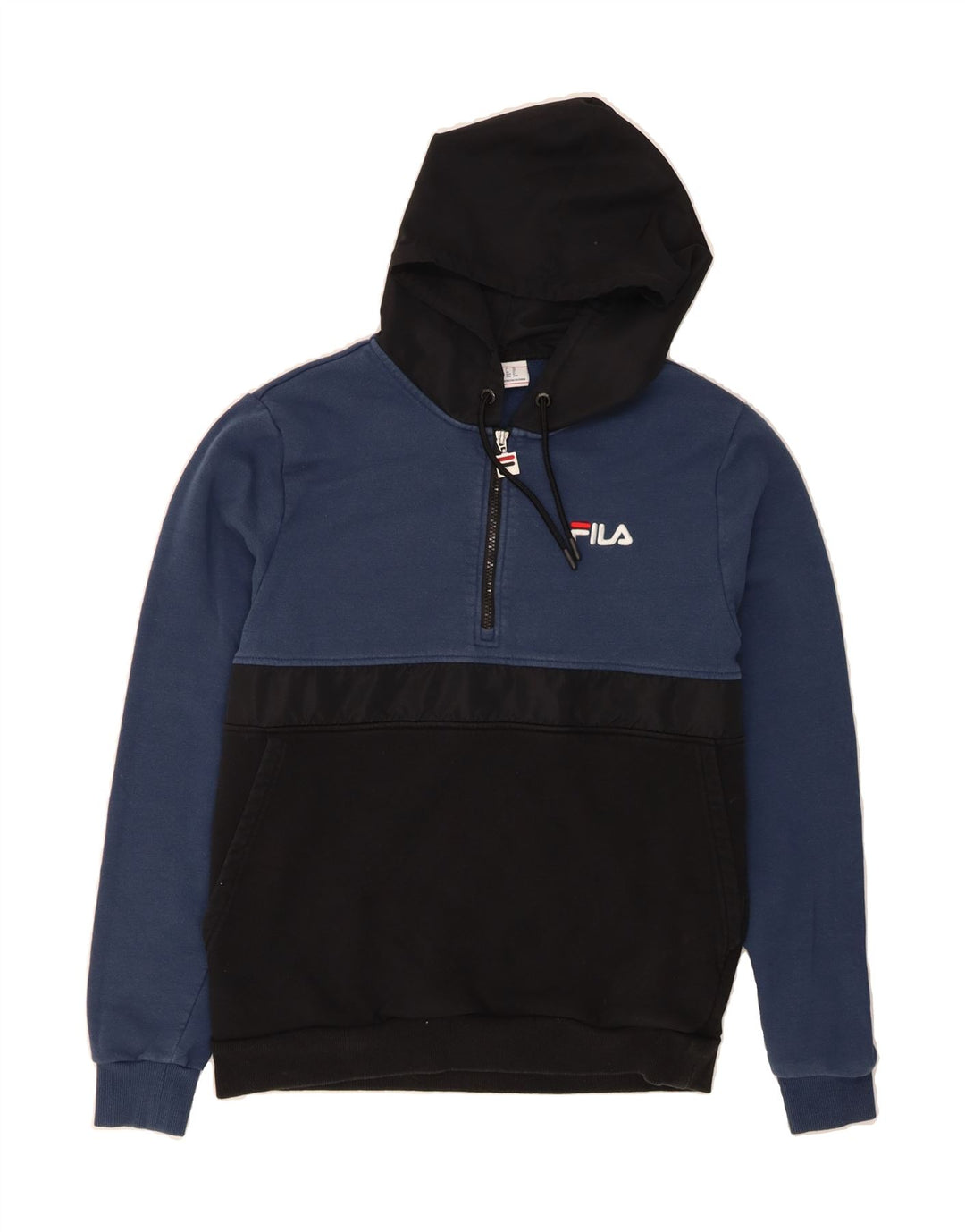 FILA Mens Hoodie Jumper Medium Navy Blue Colourblock Cotton Vintage Fila and Second-Hand Fila from Messina Hembry 