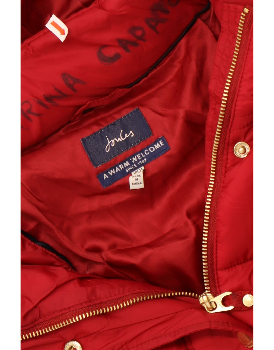 Cappotto imbottito con cappuccio da donna Joules UK 14 Large Rosso in poliammide