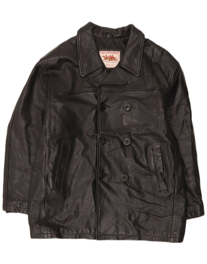 Giacca in pelle doppiopetto oversize da uomo vintage UK 38 media nera