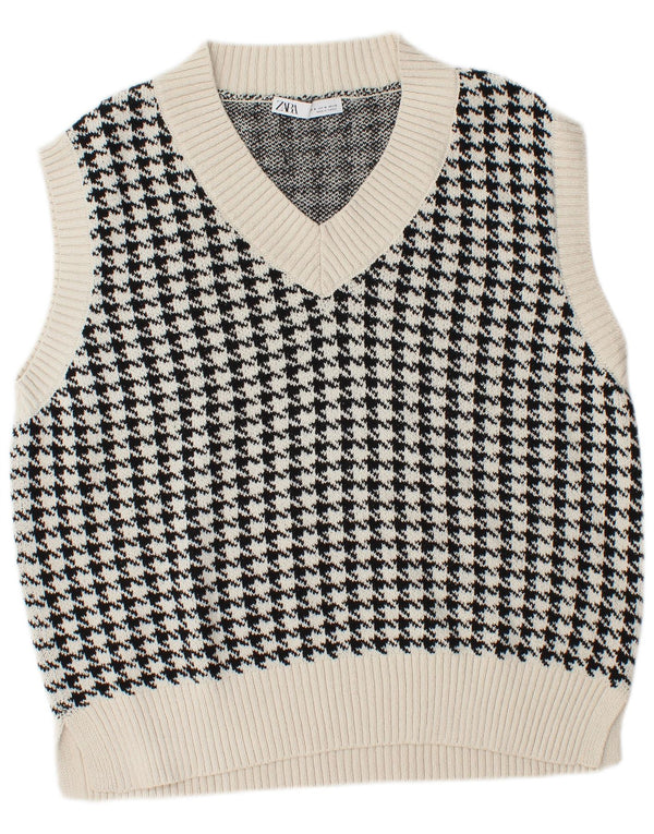 Canotta oversize da donna Zara, canotta UK 14, cotone pied de poule bianco medio