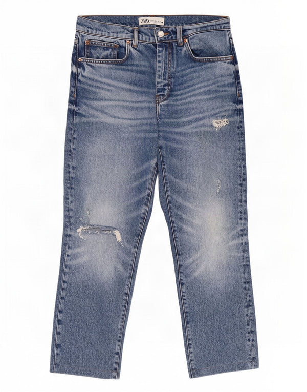 Jeans corti effetto consumato a vita alta da donna Zara EU 38 Small W28 L25 Blu