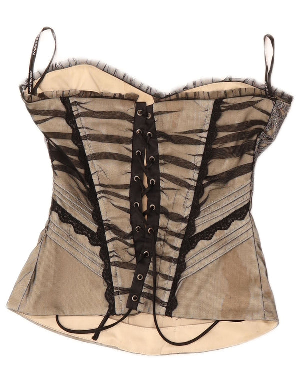 WAREHOUSE Top a corsetto con spalle scoperte da donna UK 8 Piccolo poliestere floreale beige