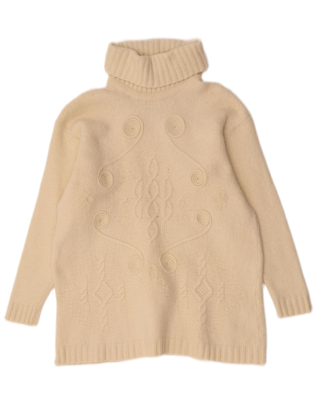 Maglione maglione vintage da donna con collo alto UK 14 medio bianco sporco geometrico