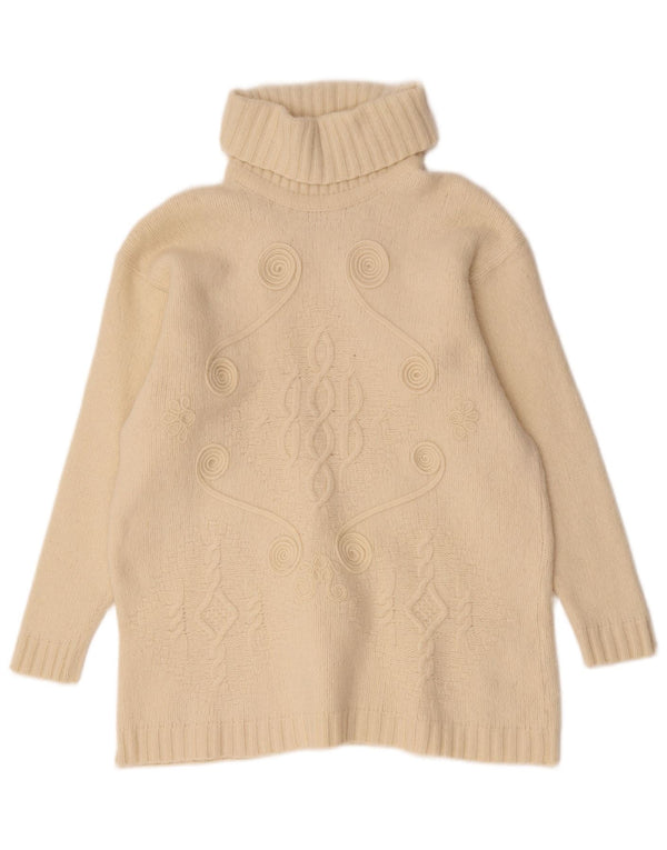 Maglione maglione vintage da donna con collo alto UK 14 medio bianco sporco geometrico