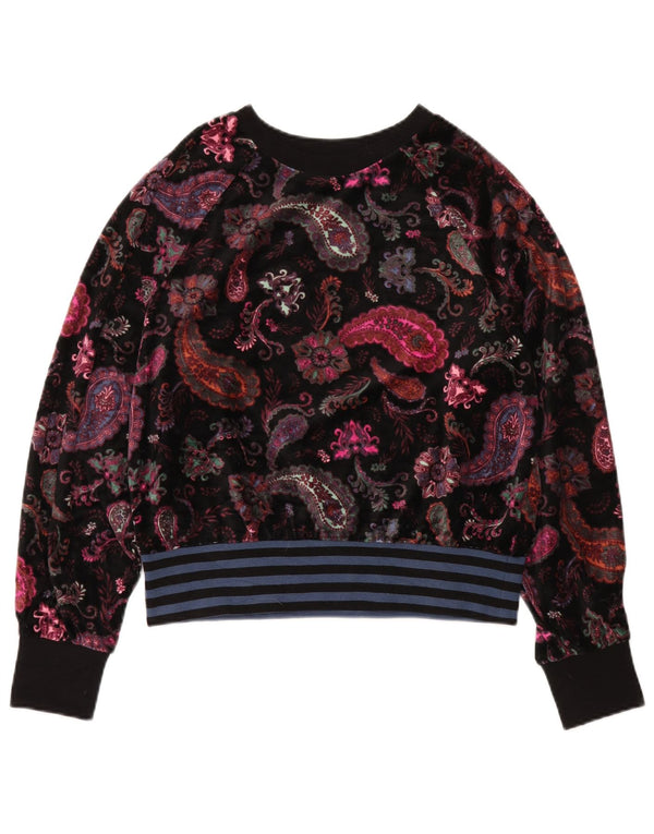 Benetton Felpa in velluto da donna Maglione UK 16 Grande cotone Paisley nero