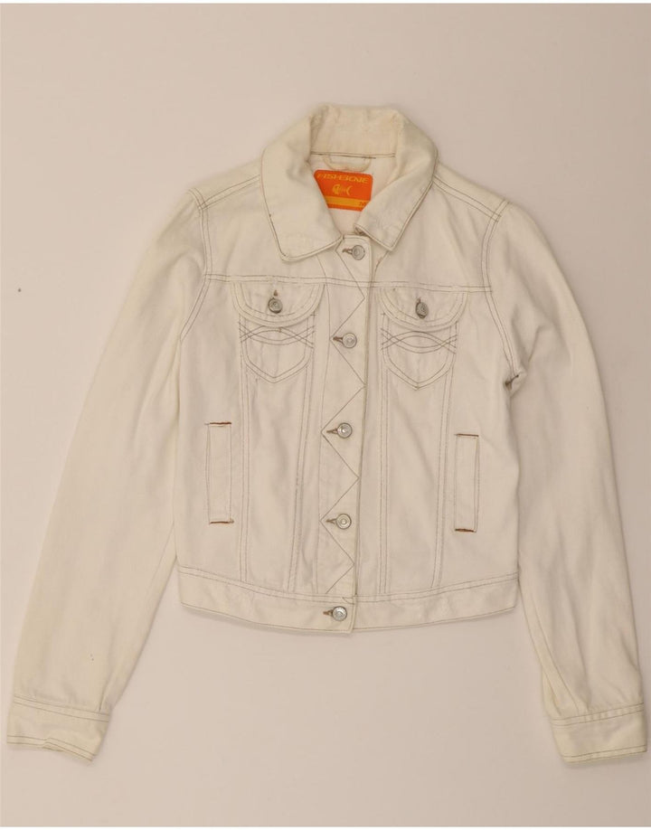 FISHBONE Womens Crop Denim Jacket UK 12 Medium White Vintage Fishbone and Second-Hand Fishbone from Messina Hembry 