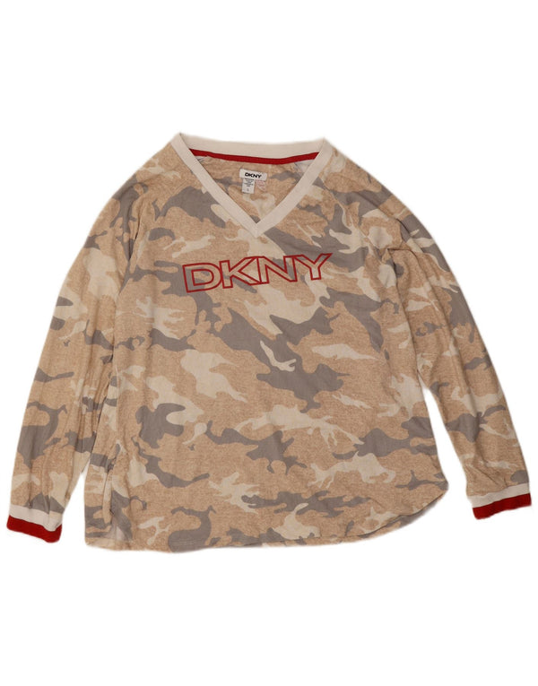 Dkny Top grafico da donna a maniche lunghe UK 16 Large Beige Camouflage Poliestere