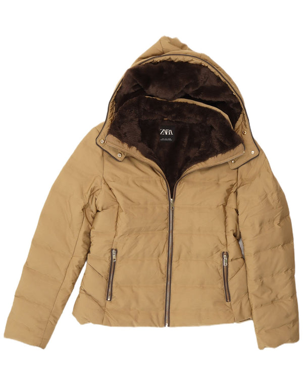 Zara Giacca imbottita in sherpa da donna con cappuccio UK 16 Large Beige
