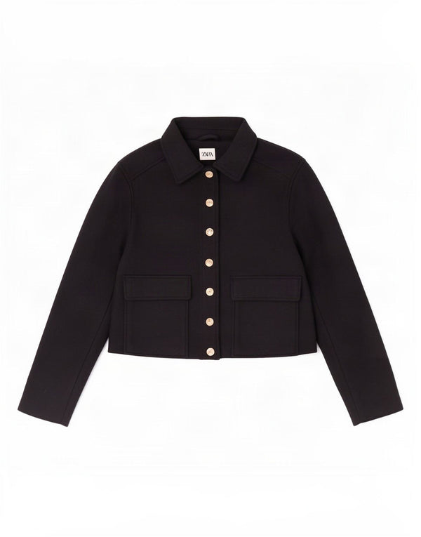 Zara Womens Crop Bomber Jacket UK 10 Small Navy Blue Polyester