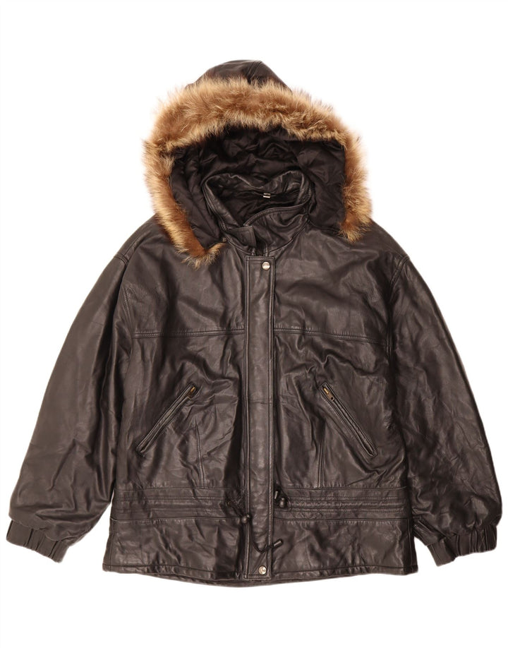 Giacca in pelle oversize con cappuccio da donna vintage IT 48 XL in pelle nera