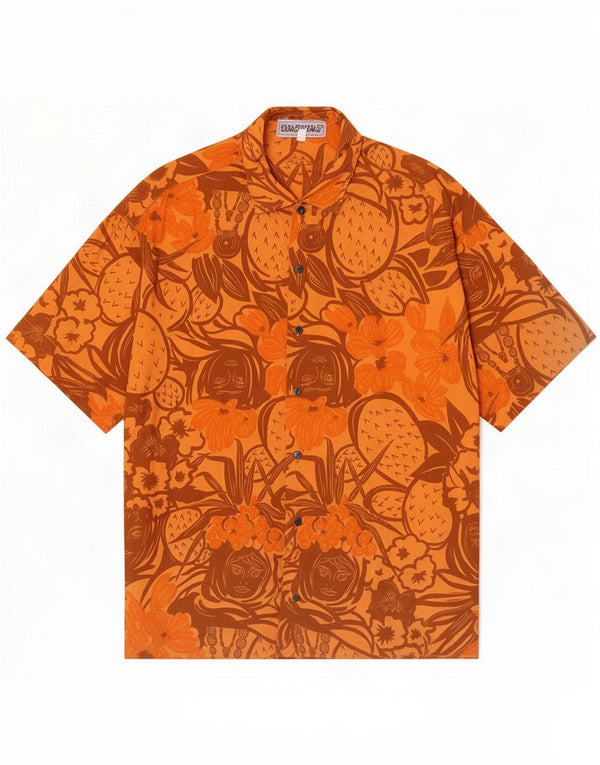 Camicia vintage da uomo a maniche corte grande arancione floreale in cotone