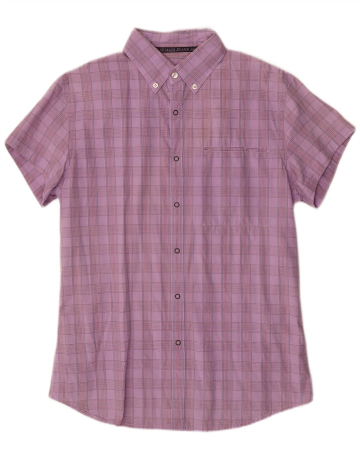 Camicia a maniche corte grafica da uomo Armani Jeans XL in cotone a quadri viola
