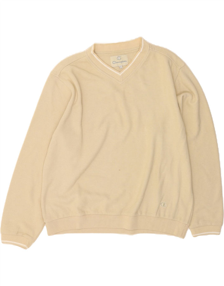 CHAMPION Mens V-Neck Jumper Sweater Large Beige Cotton Vintage Champion and Second-Hand Champion from Messina Hembry 