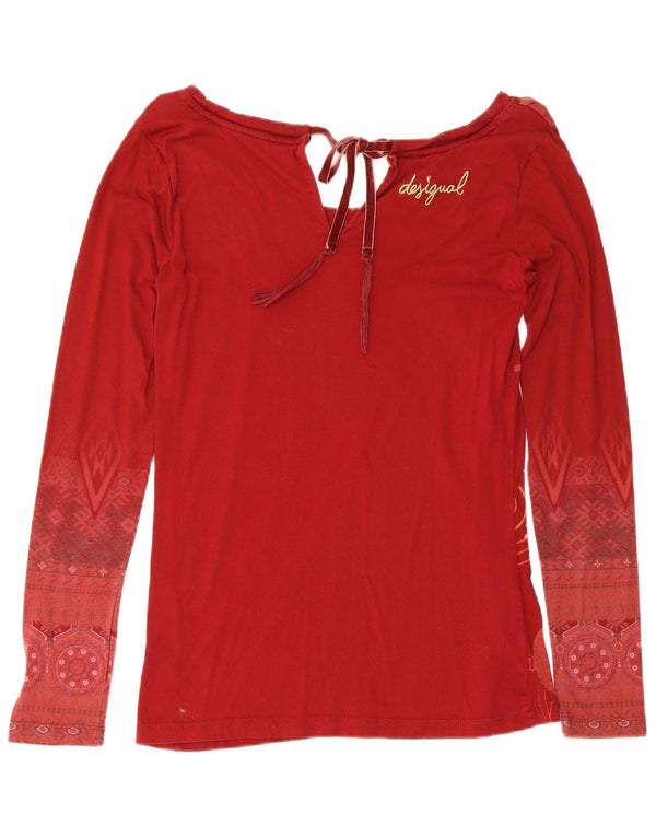 Desigual Donna Top Manica Lunga UK 10 Piccolo Rosso Floreale Cotone