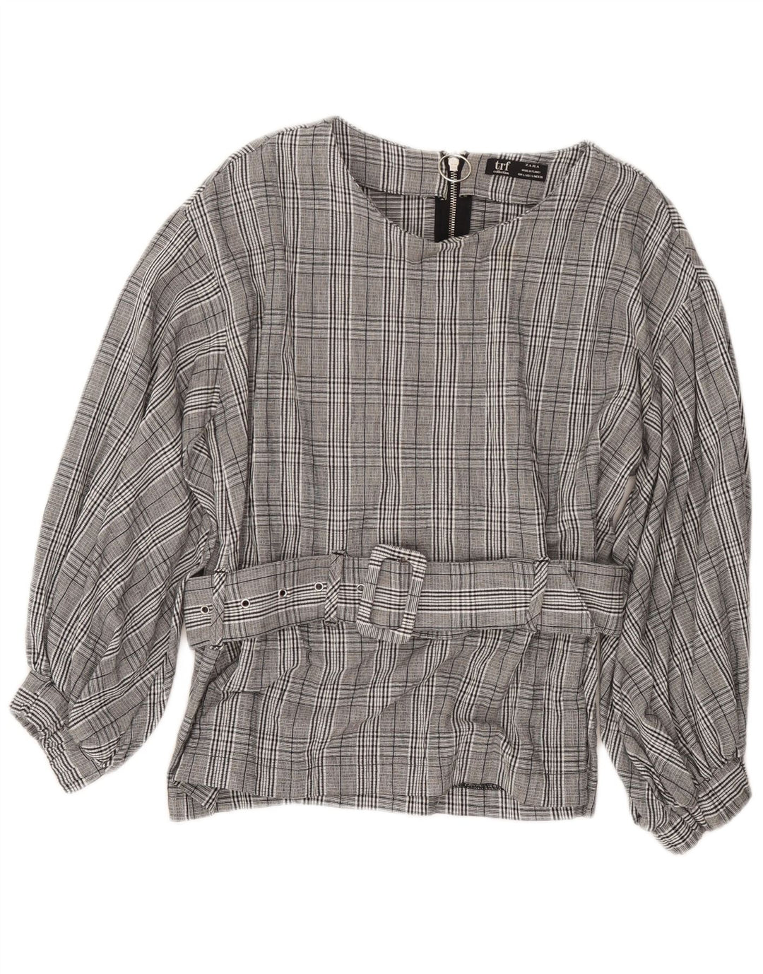 ZARA Womens Long Sleeve Blouse Top UK 16 Large Grey Check Cotton