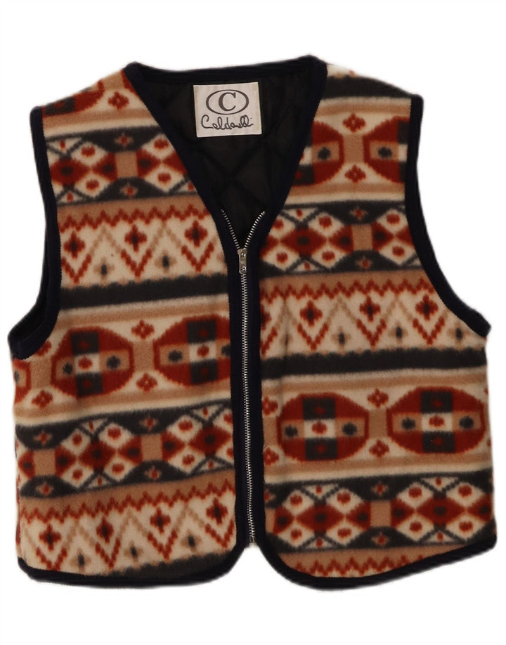 Gilet vintage da donna in pile corto UK 12 medio multicolore geometrico