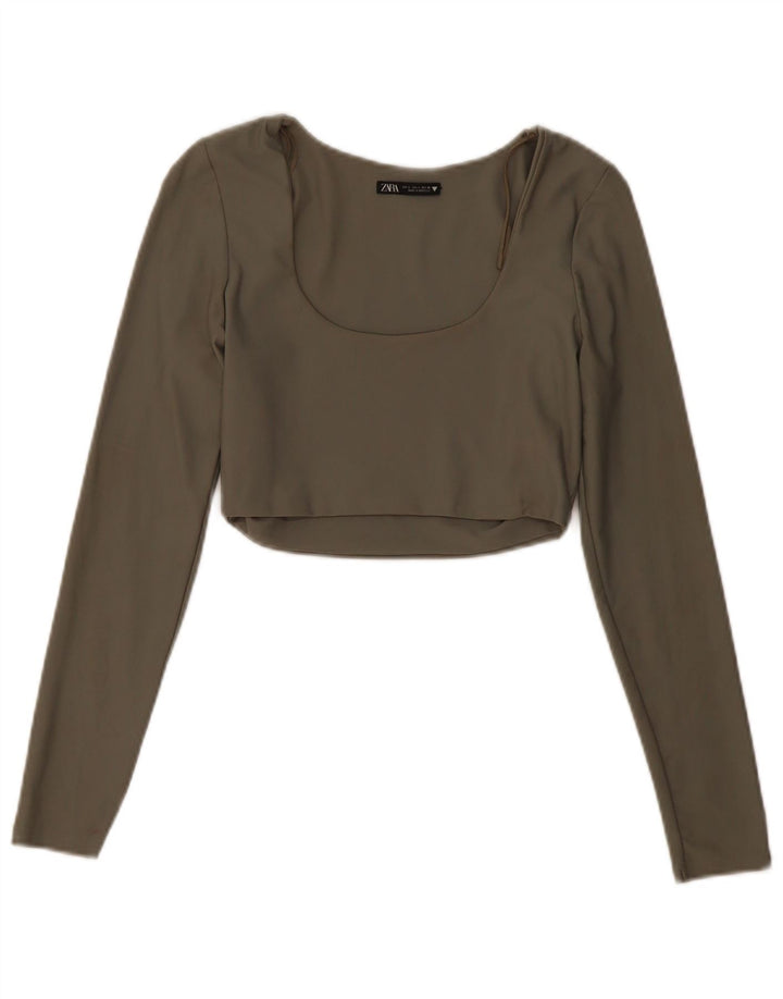 Top corto da donna Zara a maniche lunghe UK 14 Large kaki poliammide