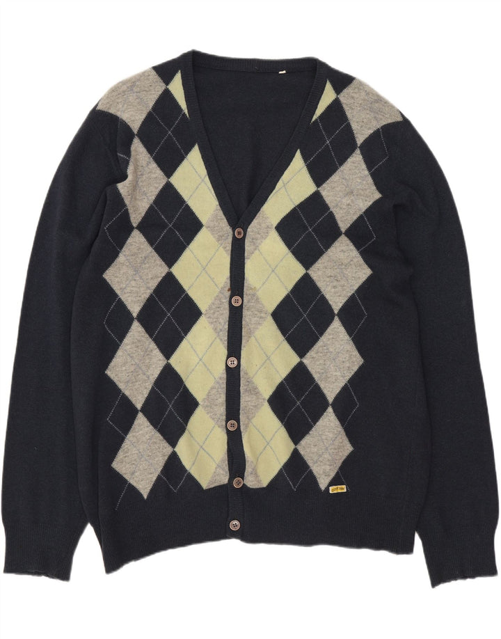 Maglione cardigan da uomo VINTAGE grande blu navy argyle/diamante lana d'agnello